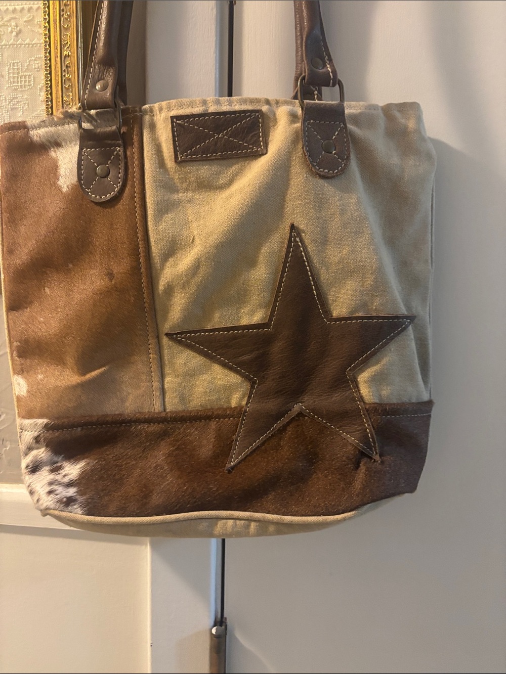 Canvas Star Accent Tote Bag in Brown & Cream